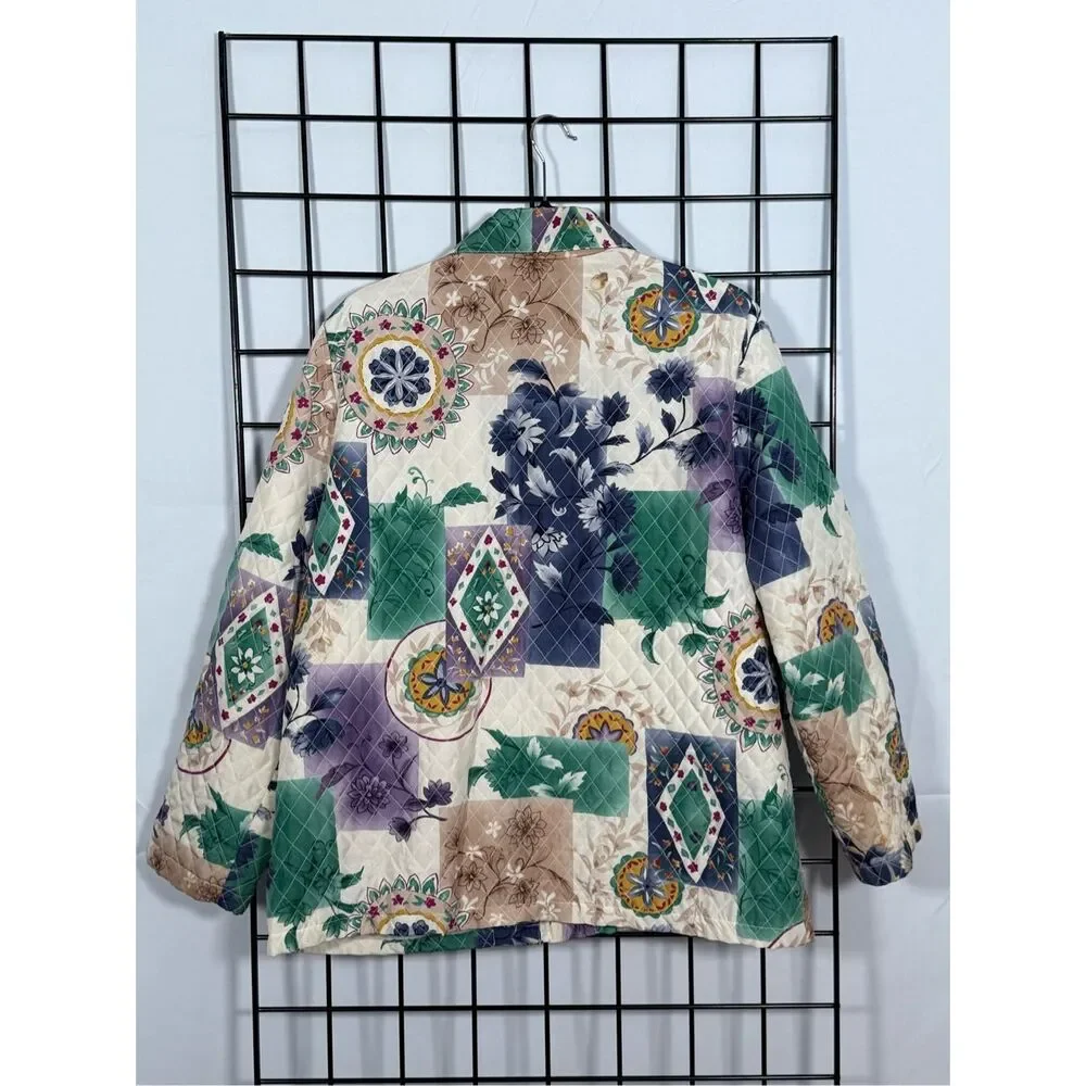 Vtg 80s Quilted‎ Silk Floral Jacket Womens 12 Cottagecore Coastal Grandma